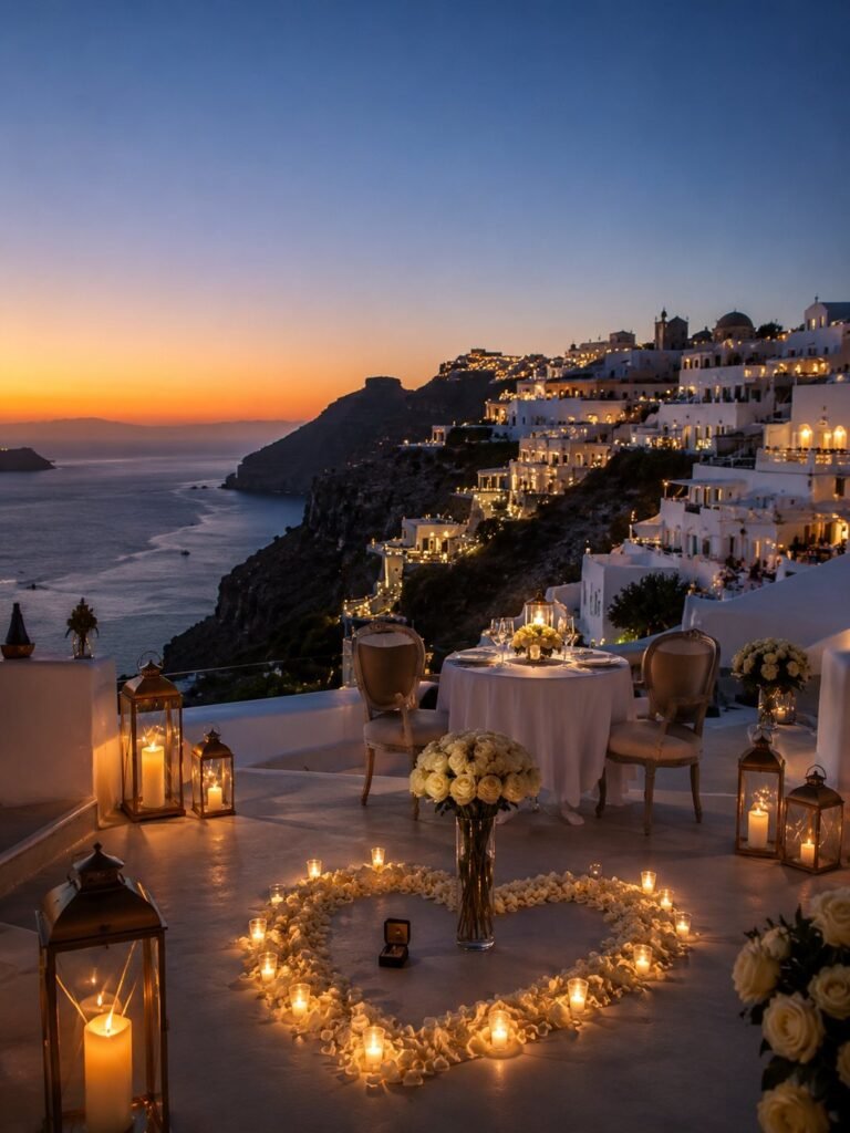 Private candlelit dinner on a Santorini terrace at dusk, with rose petals arranged in a heart