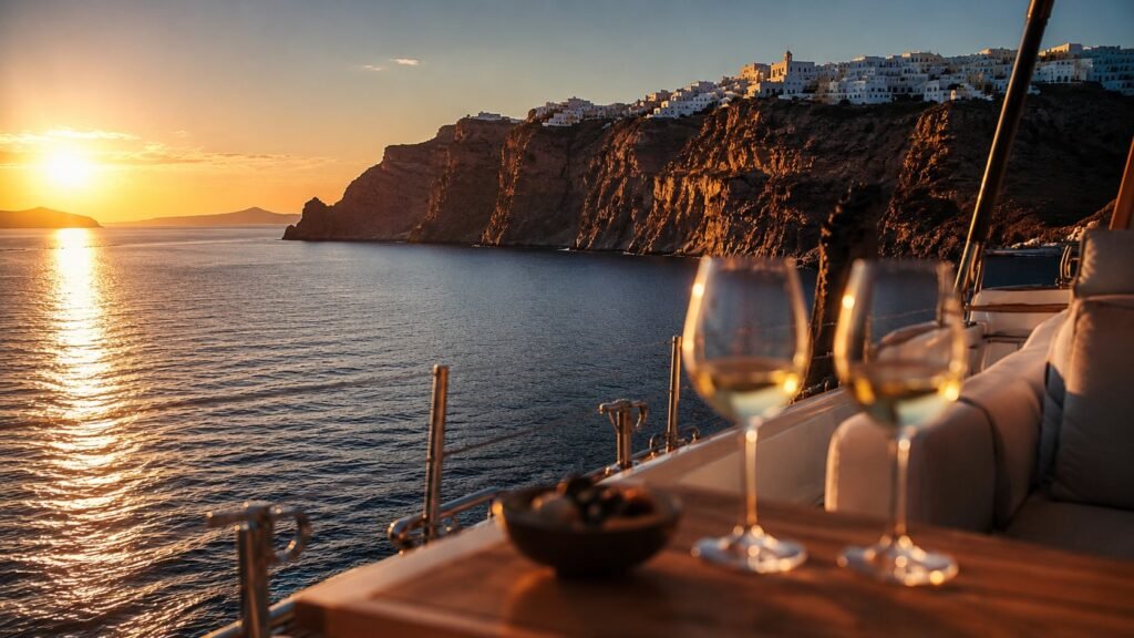 Sunset over the caldera cliffs seen from a yacht deck with two glasses of wine